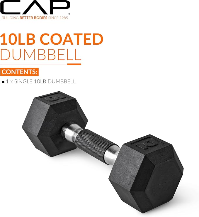 CAP Rubber Coated Dumbbell Weights, Free Weights for Home Gym Strength Training, Anti-Roll Hex Dumbbells with Black, Chrome & Comfort Grip Handles, Singles