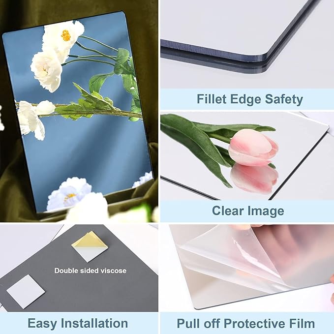 JUNEBRUSHS 4 Pack Self Adhesive Acrylic Mirror, 12X 12 Inch Mirror Tiles,Flexible Plastic Mirrors Sheets Wall Stickers,2MM Thick Mirrors,Frameless Small Mirror