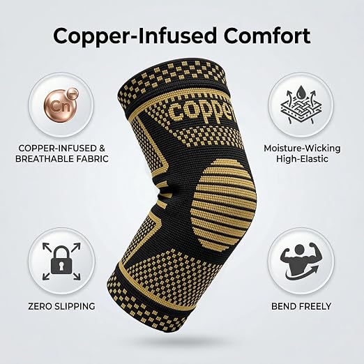 Copper Elbow Compression Sleeve, Tennis Elbow Brace for Men and Women, 4-Way Stretch, Pain Relief, Recovery, Arthritis, Tendonitis, Bursitis (Black-Copper, X-Large)