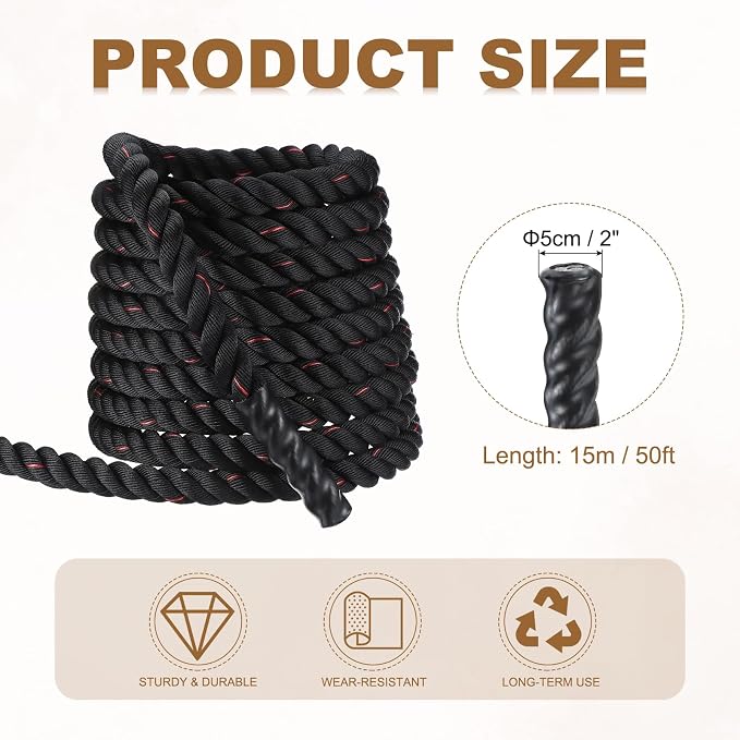 MECCANIXITY Battle Rope 20ft x 2 Inch Polyester Workout Rope Heavy Fitness Exercise Rope for Strength Training Home Gym Muscle Building, Black Red