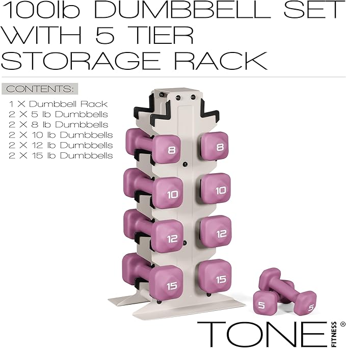 Tone Fitness Neoprene Dumbbell Set with Storage Rack – Non-Slip, Anti-Roll Hand Weights for Home Gym Workouts | 20 lb, 32 lb, 50 lb, 60 lb & 100 lb Options