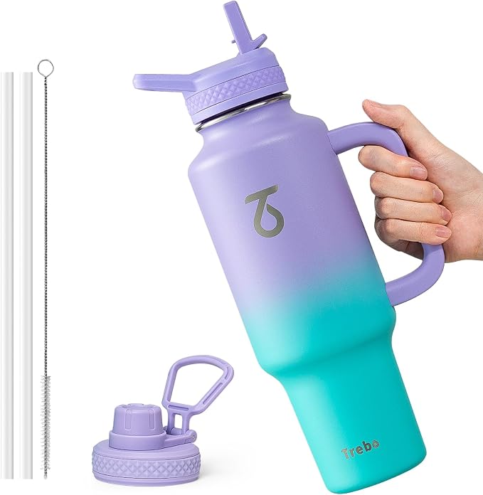 Trebo Insulated Water Bottle 40 oz Fits in Car Cup Holder with Side Handle | Stainless Steel Metal Tumbler with Straw Spout Lids, Triple-Wall Vacuum Copper Plated, Cold 48 Hrs Hot 24 Hrs for Travel, Gym
