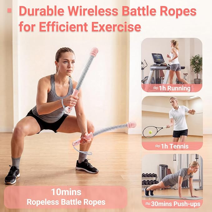 Adjustable Ropeless Battle Ropes for Home Gym-Cordless Training Rope Fitness Equipment for Men & Women,Portable Arm Exerciser Rope for Strength Building, HIIT and Low-Impact Aerobic Training (Pink)