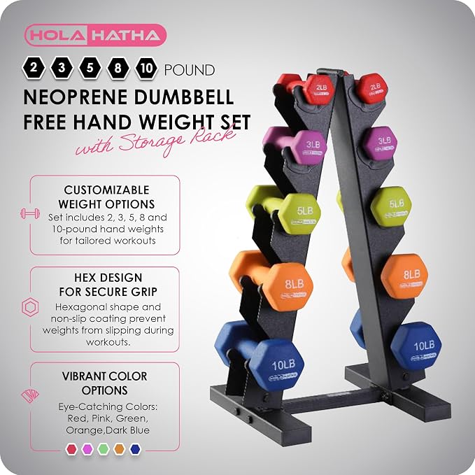 HolaHatha 1, 2 and 3 lb Neoprene Dumbbell Strength Training Weight Set with Rack