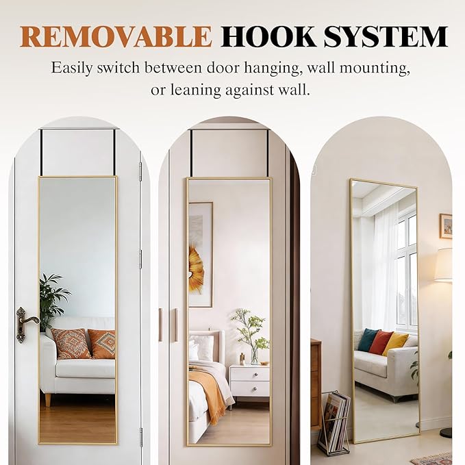 DUMOS 47"x14" Full Length Door Mirror, Full Body Mirror, Gold | Aluminum Alloy Thin Frame, Leaning or Hanging, Suitable for Bedroom, Livingroom, Cloakroom