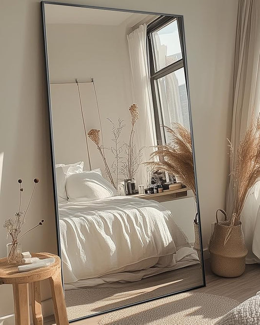 Antok Full Length Mirror, 81"x41" Floor Mirror with Stand, Hanging Mounted Mirrors for Bedroom, Living Room, Cloakroom, Dining Room, Black, Rect