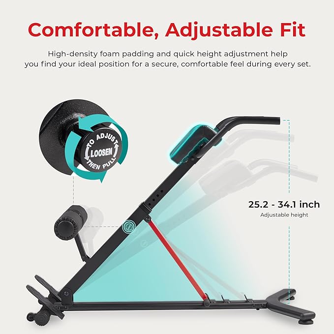 Sunny Health & Fitness Foldable Roman Chair, Back Hyperextension Bench | Adjustable Height, Folds Flat for Storage, Built in Dip Station, Targets Back, Abs & Core, Crunches & Back Extensions