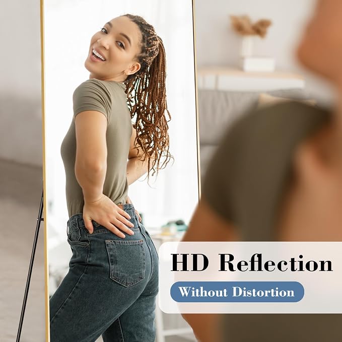 DUMOS 65"x24" Full Length Mirror, Full Body Mirror, Gold | Aluminum Alloy Thin Frame, Leaning or Hanging, Suitable for Bedroom, Livingroom, Cloakroom