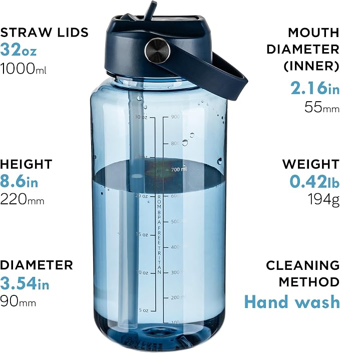 OLDLEY 32oz Water Bottle with Straw,Leakproof Tritan Clear Bottle with Marked Bottle and Carry Handle, BPA-Free Wide Mouth Reusable Sports Bottle for Gym,Hiking,Camping,Travel,Workout,Deep Navy