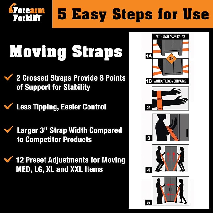 Forearm Forklift Furniture Moving Straps – 2-Person Lifting Strap for Moving Furniture, Appliances, Heavy Duty Carrying for Heavy Objects up to 800 lbs, Orange