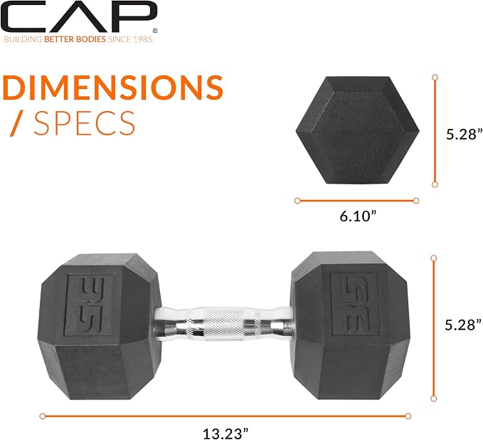 CAP Rubber Coated Dumbbell Weights, Free Weights for Home Gym Strength Training, Anti-Roll Hex Dumbbells with Black, Chrome & Comfort Grip Handles, Pairs & Sets