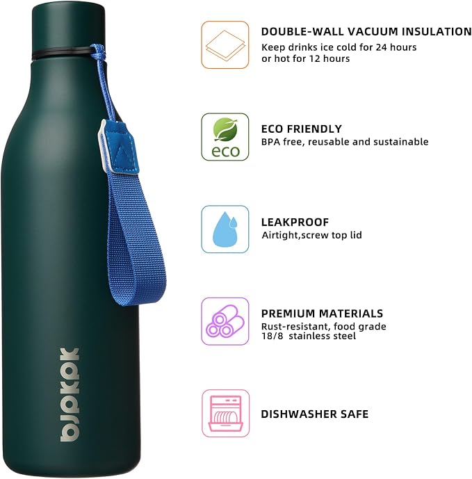 BJPKPK 25oz Insulated Water Bottle, Stainless Steel Bottle with Carry Strap | Keep Cold & Hot Vacuum Insulation, Leak-Proof BPA-Free Design, Slim Bottle Fits Most Cup Holders for Gym, Office & Travel