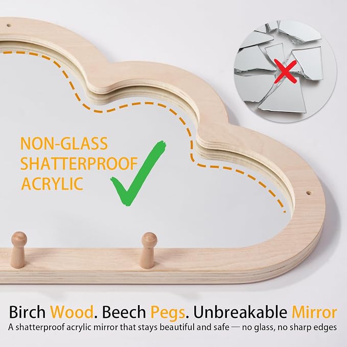 Montessori Baby Mirror with Pull Up Bar, Shatterproof Toddler Pull to Stand | Cloud-shaped wooden pull to stand toy gym, CPC safe infant gift for nursery wall, ages 6-18 months.