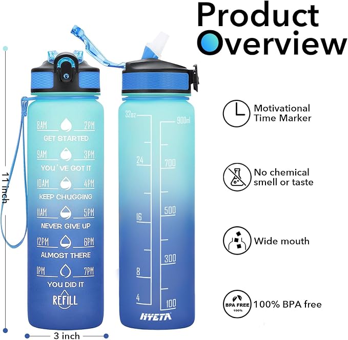 Hyeta Water Bottle with Straw & Time Marker, Plastic 32oz Leakproof | Motivational Tritan BPA Free Gym Office Outdoor Intake Tracker Hourly Reminder Straw Lid Carry Strap