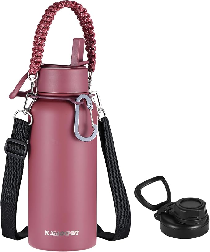 KXIAOCHEN Insulated Water Bottle with Strap, 48-Hour Cold, 2 Lids | Triple-wall insulation, lead-free 18/8 Stainless steel, paracord handle, carabiner clip, for gym, hiking, camping and travel