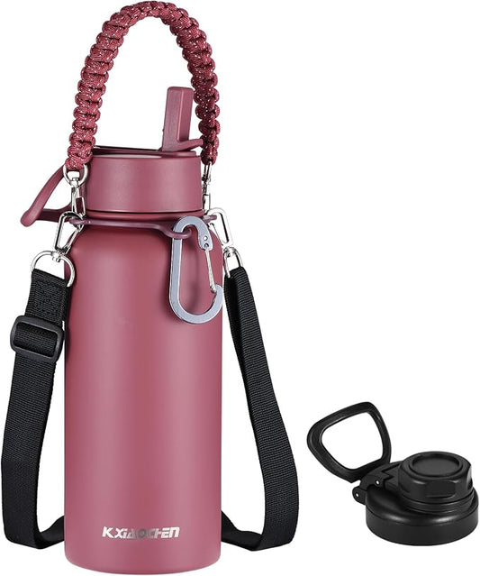 KXIAOCHEN Insulated Water Bottle with Strap, 48-Hour Cold, 2 Lids | Triple-wall insulation, lead-free 18/8 Stainless steel, paracord handle, carabiner clip, for gym, hiking, camping and travel