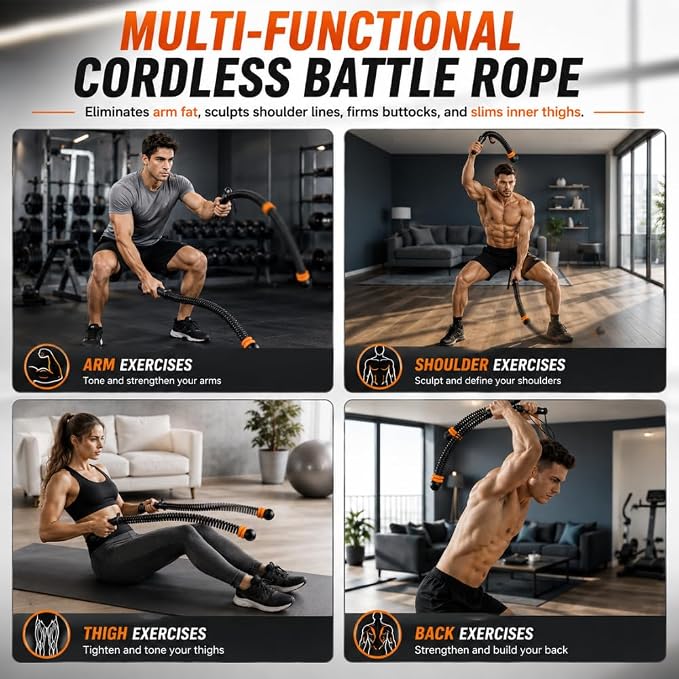 Ropeless Battle Ropes for Home Gym, Portable Cordless Battle Rope with Adjustable Resistance & Weighted Handles, HIIT Strength Training & Low-Impact Cardio Workout for Men & Women