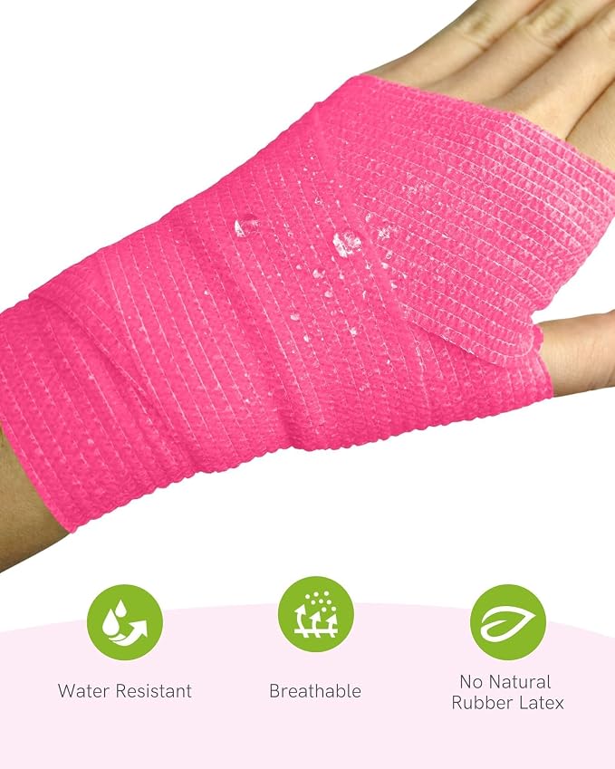 FriCARE Self Adhesive Bandage Wrap, Medical Tape in First Aid Kit, Pink | Elastic Cohesive Bandages for Sports/Vet/Wrist Ankle Wounds, 2 Inches X 5 Yards, Latex-free 6 Rolls