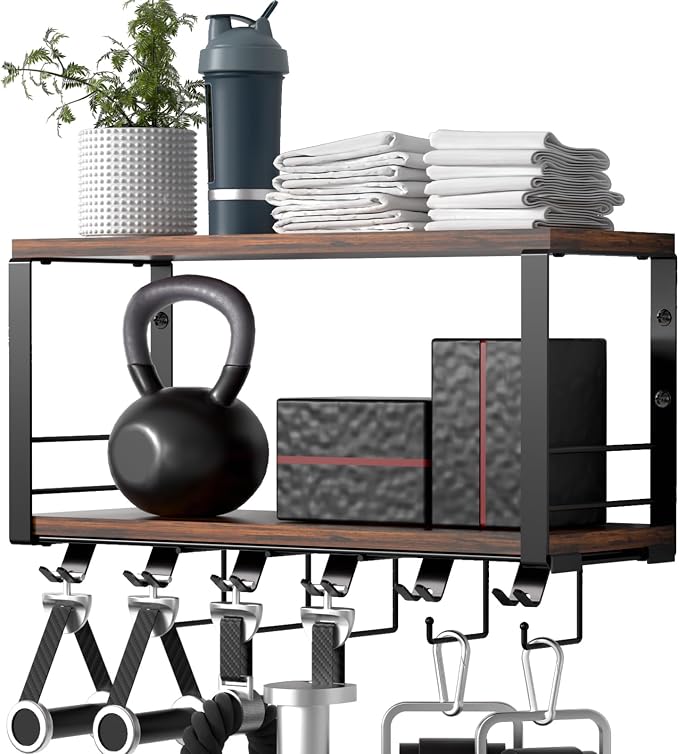 TJ.MOREE 2 Tier Floating Shelf Compatible with Tonal Accessories Wall Mount | Brown Woodeen Home Gym Storage Rack for Fitness Equipment, T-Bracket Lock Adapters Hanger