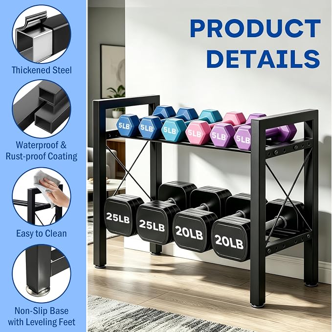 Dumbbell Rack Stand Only, 2 Tier | 3 Tier Adjustable Weight Rack | Thick Steel, Stable Compact H-Frame, Custom Bar Gap, Non-Slip Base, Waterproof Rustproof Coating, For Home Gym Garage Storage