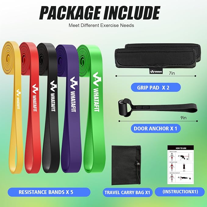 WHATAFIT Resistance Bands, Pull Up Assist Bands with Handles, Door Anchor | Natural Latex Rubber, Progressive Tension, Exercise Loop for Full-Body Fitness, Portable Gym Bag, Warm-Up & Stretch