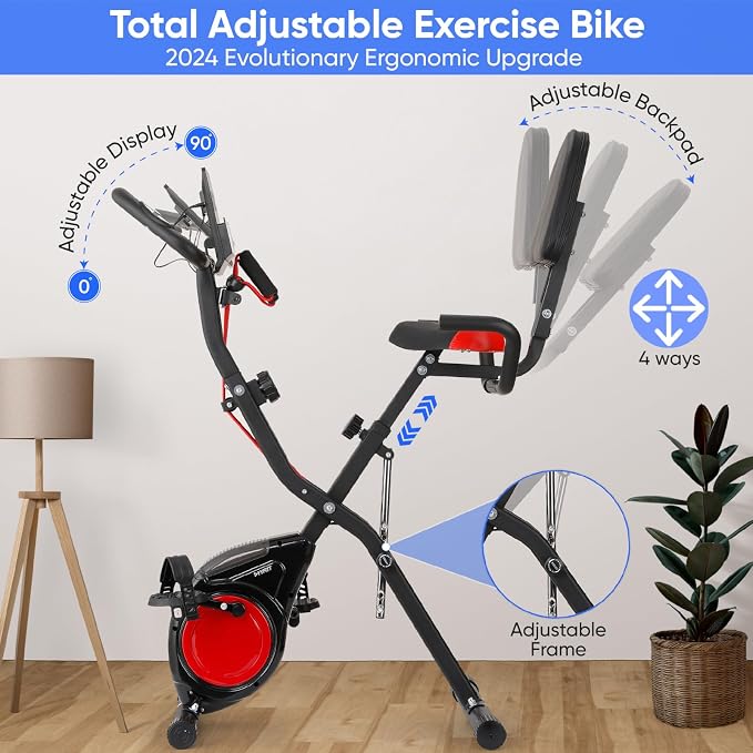 3-IN-1 Exercise Bike with Luminous Digits Display | Folding Stationary Bikes for Home Seniors | Compact Workout Bike with Fully Support Backrest - Wider Seat - 16 Level Magnetic Resistance