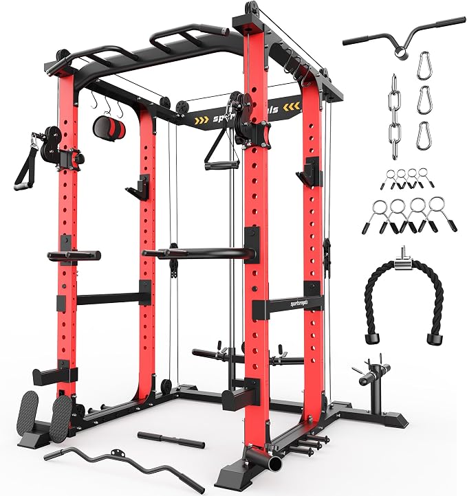 Sportsroyals Power Cage, 1600LBS Squat Rack with Cable Crossover System | Power Rack with LAT Pull Down System, Workout Cage with Pulley System for Fitness Home Gym Strength Training