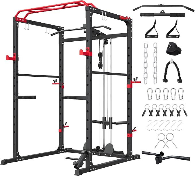 HulkFit Power Rack, Multi-Function Squat Rack with LAT Pull Down, Power Cage with Pulley System, Strength Training Home Gym Equipment with Workout Equipment Attachments, Cable Machine for Home Gym