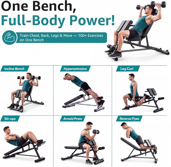 OLIXIS Adjustable Weight Bench, 660 LBS Foldable Workout Bench Press | Heavy Duty Chest Press Machine with Hyper Back Extension & 2 Wheels, for Flat Incline Decline Sit Up for Home Gym