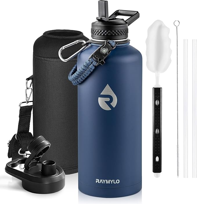 RAYMYLO Insulated Water Bottle 87 oz, Triple Wall Vacuum Stainless Steel | Cold for 48 Hrs), Leak Proof & Non-BPA, Modern Water Flask Jug with Paracord Handle & Straw Spout Lids, Navy Blue