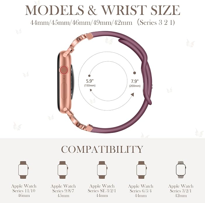 Lerobo Slim Silicone Band Compatible with Apple Watch Bands for Women | Dressy Metal Butterfly 16mm Thin Strap for iWatch Series 11 10 9 8 7 6 5 4 SE Ultra 38mm 40mm 41mm 42mm 44mm 45mm 46mm 49mm