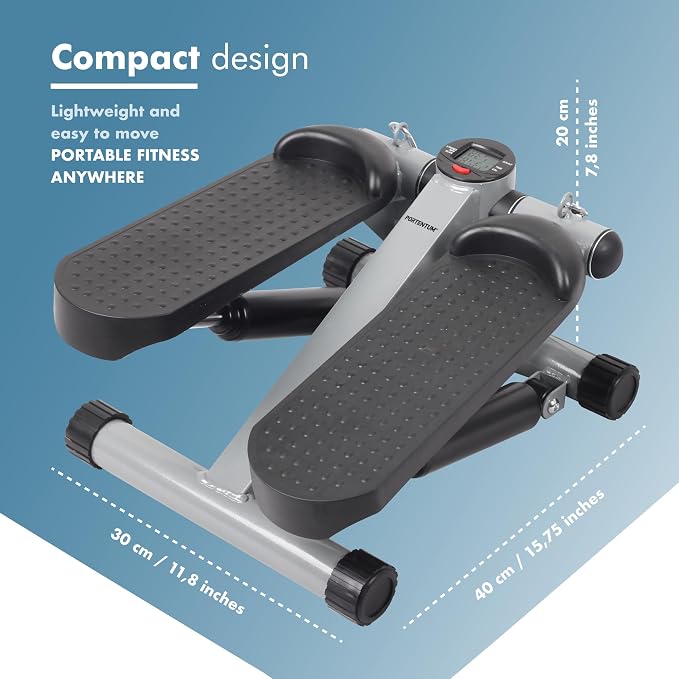 PORTENTUM Mini Steppers for Exercise Workout with Resistance Bands and LCD Display 5 Functions — Stepper 3-in-1 for Legs, Glutes and arms — Adjustable Intensity — Easy to Store Home Workout Equipment