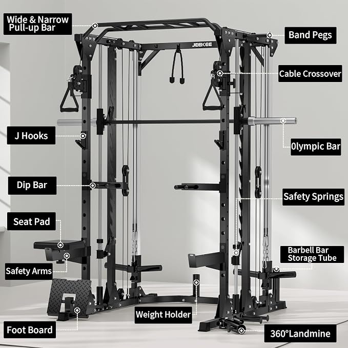 JEEKEE Power Cage with Cable Crossover System, 2000LB Multi-Function Power Rack with Independent Dual Pulleys, LAT Pulldown Seat Cushion, 20+ Attachments Squat Rack for Home Gym Workout,Black