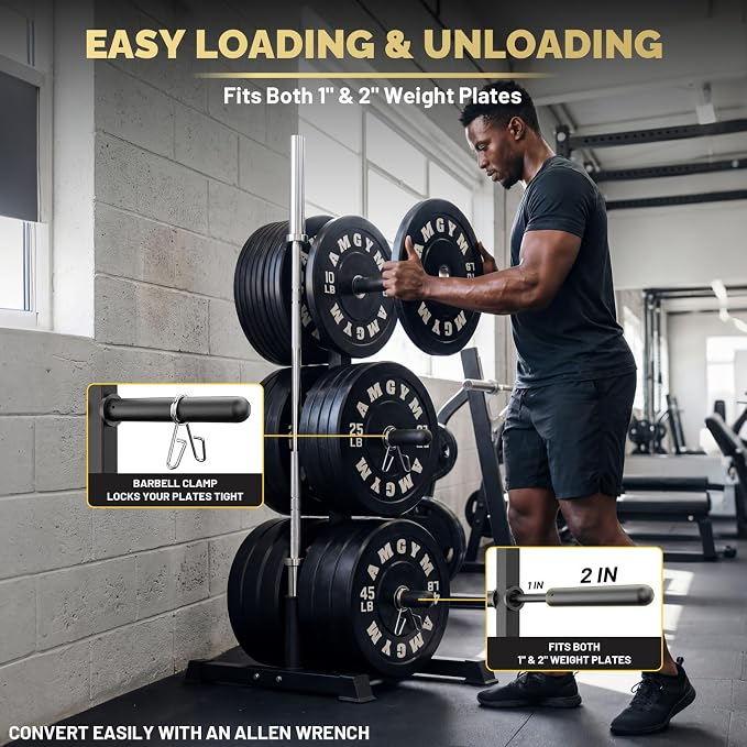 1100lb Capacity Weight Plate Tree Rack with Barbell Holder for Home Gym | AMGYM Strength Training Plate Storage Stand and Barbell Holders, 1100 lb Weight Capacity, Fits Both 1" and 2" Bumper Plates