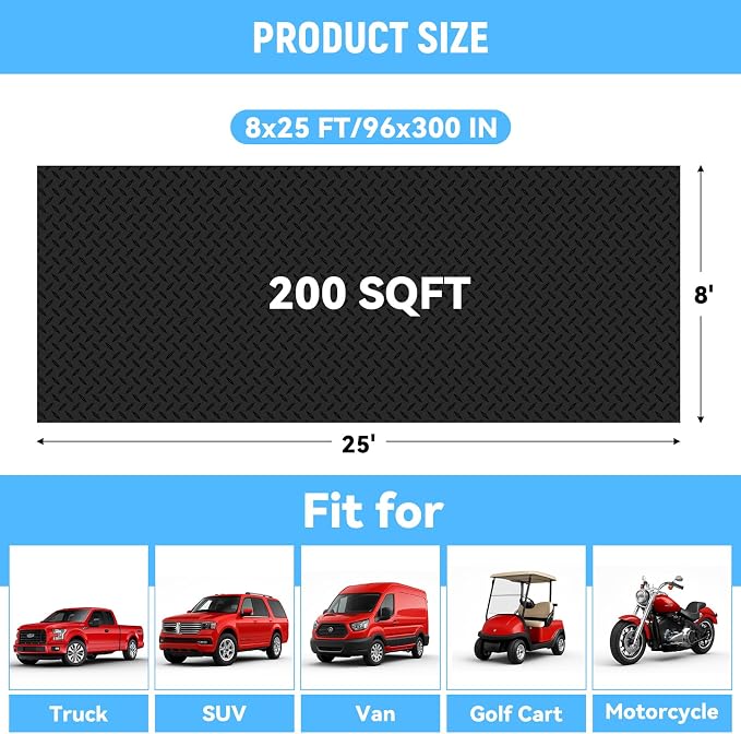 8x25 FT Garage Floor Mat, 2.8mm Thickened Diamond Plate | PVC Flooring Roll for Under Car/Garage/Warehouse/Basement/Gyms/Trailer, 200 SQFT Garage Mat, Tapes Included, Black
