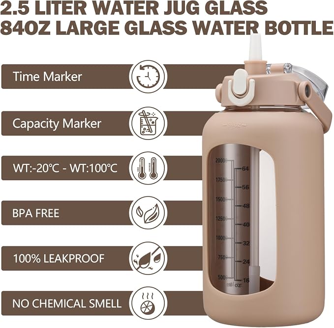 84oz Glass Water Bottle with Straw, 2.5 Liter Large Water Bottle with Silicone Sleeve and OZ Marker, Wide Mouth Gallon Glass Bottle with 2-in-1 Lid, Leakproof Water Jug for Gym Home, Amber