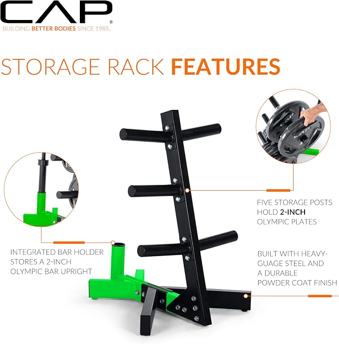 Cap Olympic Plate Tree Storage Rack for Weights & Barbells, Heavy-Duty Steel Weight Plate Organizer for 2-Inch Olympic Plates, Space-Saving Storage Rack, 300lb Capacity, Multiple Colors
