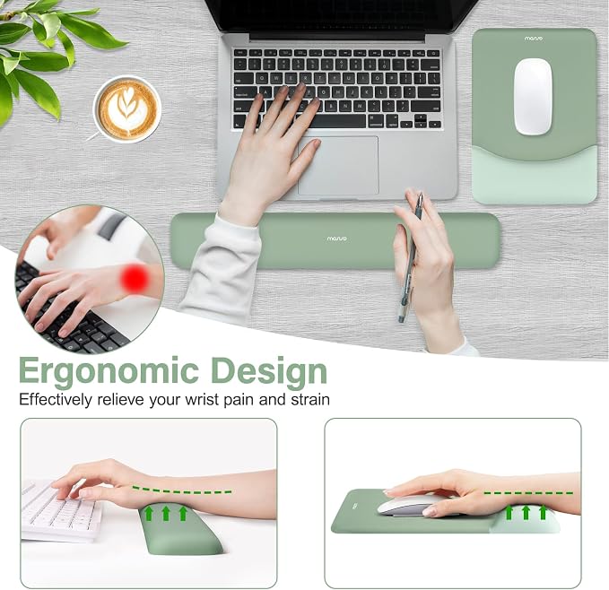 MOSISO Wrist Rest Support Mouse Pad & Keyboard Set, Green | Rectangular Ergonomic Mousepad, Non-Slip Base, Home/Office Pain Relief & Easy Typing, Neoprene Cloth & Raised Silicone Lining