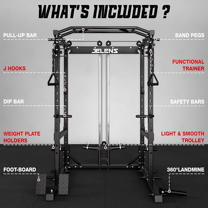JELENS C12 Power Rack, 2000LBS Squat Rack with Cable Crossover System, Workout Cage with More Training Attachments for Home Gym