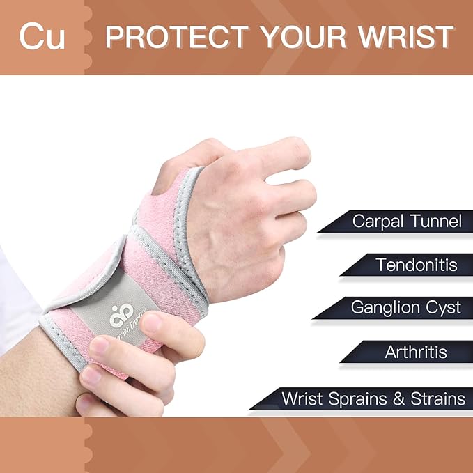 INDEEMAX 2 Pack Copper Wrist Brace Support for Carpal Tunnel, Pain Relief, Arthritis, Tendonitis, Adjustable Wrist Braces Compression Wraps Both Hands, Fit for Men and Women, Pink