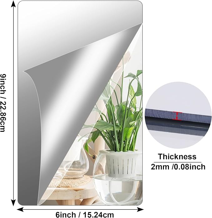 JUNEBRUSHS 8 Pack Self Adhesive Acrylic Mirror, 6X 9 Inch Mirror Tiles | Flexible Plastic Sheets Wall Stickers,2MM Thick Mirrors,Frameless Small Mirrors