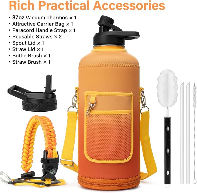 DYSANKY Insulated Water Bottle | Thickened Stainless Steel for Gym and Hiking with Straw, Carrier Bag, Handle Strap | BPA-Free 87 oz