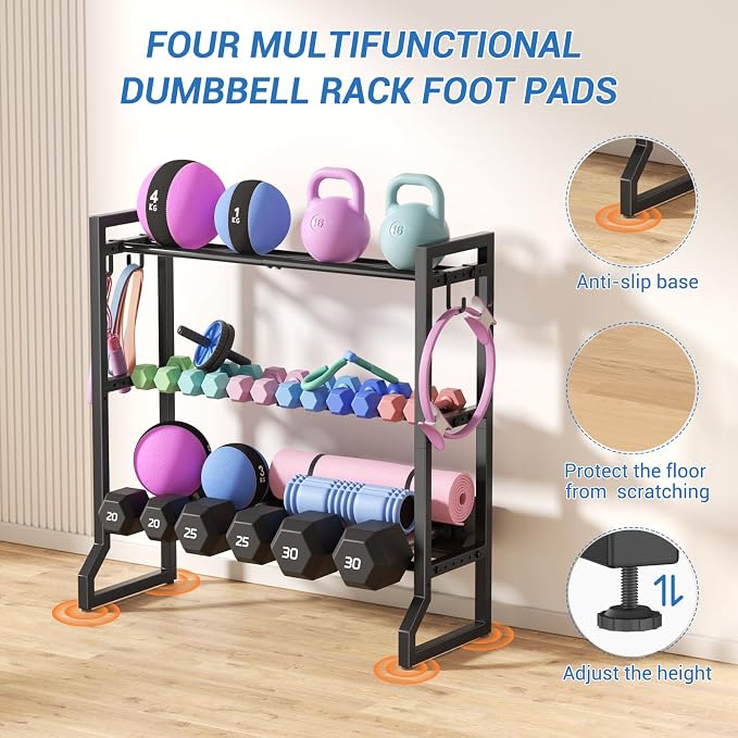 3 Tier Dumbbell Rack, 400LB Weight Rack with 4 Hooks for Home Gym | 1.18"-5.9" Adjustable Width, Anti-Slip Base, 0.04" Thick Tube, Rotatable Leveling Feet, Holds Dumbbells, Yoga Balls