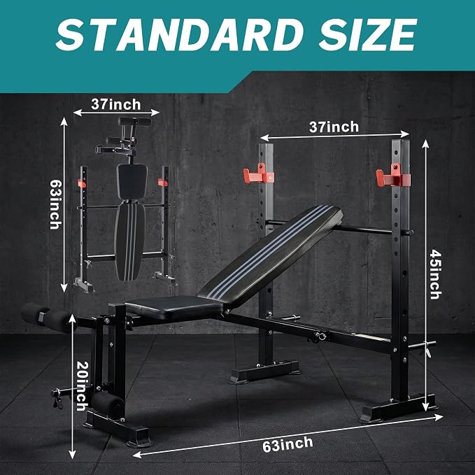OLIXIS Adjustable Weight Bench Set with Rack, 650 LBS Capacity Heavy Duty Foldable Bench Press Set with Leg Extension Curl, Easy Assembly Strength Training Workout Set for Garage, Home, Gym