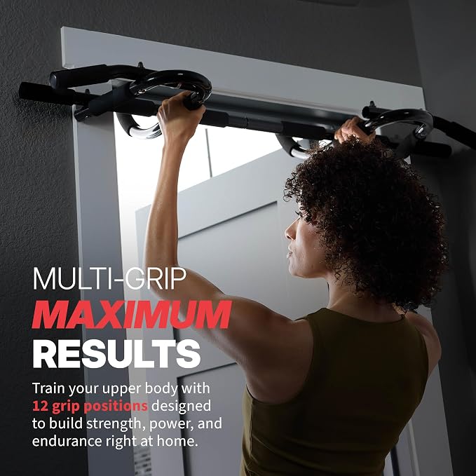 SPRI Pull Up Bar - 8-Grip and 12-Grip Door Frame Mounting Pull-Up Bar for Versatile Workouts - Rugged Steel Frame with Foam Handles - Supports 300 Pounds - Fits Door Frames Up to 32 in. Wide – Black