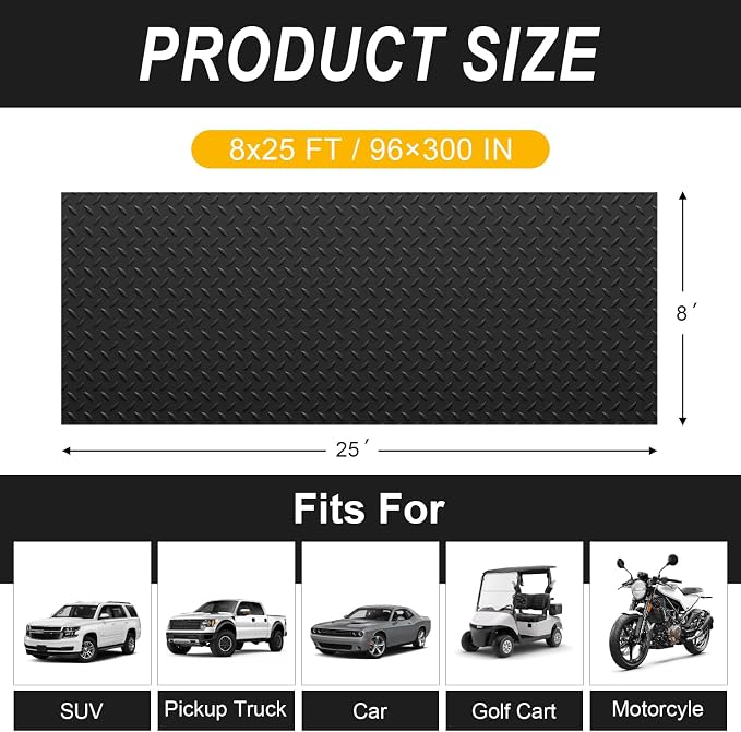 8x25 FT Garage Floor Mat, 2.8mm Thickened Flooring Roll for Under Car Diamond Plate PVC Rubber Mat with 20 Pcs Tapes, Non-Slip Floor Mat for Garage, Warehouse, Gyms, Trailer, Black