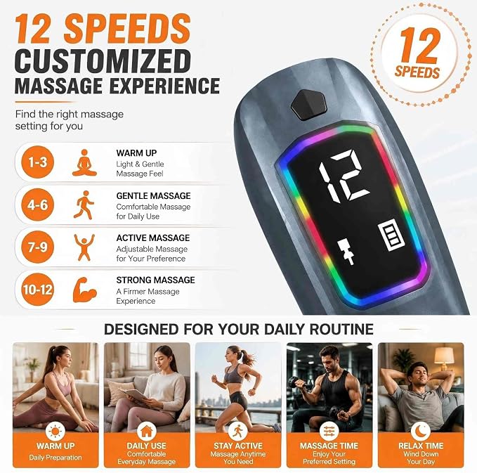 Massage Gun with Heat & Extension Handle, 12 Speeds, Detachable Design | Massage Gun with Warming Function, Adjustable 12 Speeds, Detachable Extension Handle, Portable Design for Home, Gym & Travel