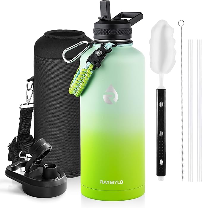 RAYMYLO Insulated Water Bottle 87 oz, Triple Wall Vacuum Stainless Steel | Cold for 48 Hrs), Leak Proof & Non-BPA, Modern Water Flask Jug with Paracord Handle & Straw Spout Lids, Ombre Green
