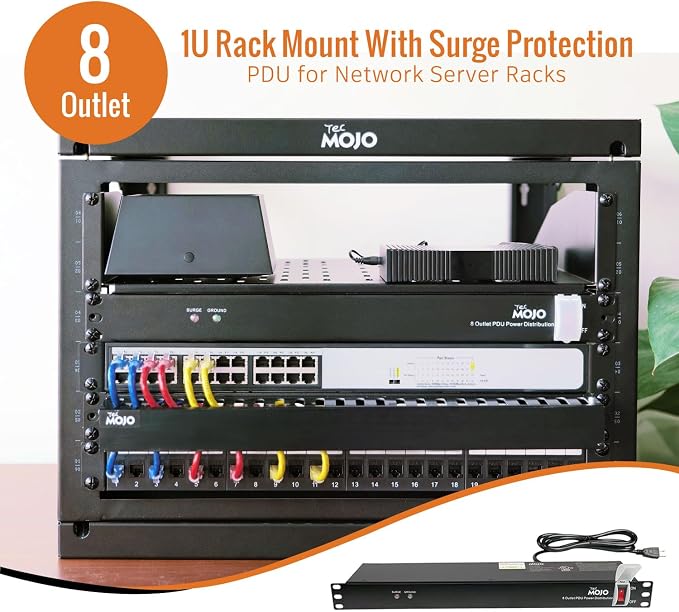 Tecmojo 1U Rack-Mount Horizontal 8-Outlet PDU, UL Listed PDU with Surge Protection 6ft Cord Power Distribution for IT and Network Server Racks