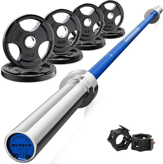 RitFit Barbell Weight Set - 4/6FT Olympic Barbell with Weight Plates (55-115LB Total) - Weightlifting Equipment for Squats, Curls, Deadlifts, Presses, Hip Thrusts